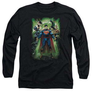 AN OFFCIALLY LICENSED JLA POWER BURST MEN'S LONG SLEEVE T-SHIRT BLACK