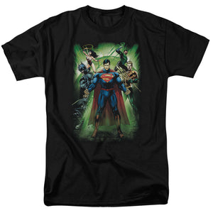 AN OFFCIALLY LICENSED JLA POWER BURST MEN'S REGULAR FIT T-SHIRT BLACK