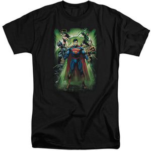 AN OFFCIALLY LICENSED JLA POWER BURST MEN'S TALL FIT T-SHIRT BLACK
