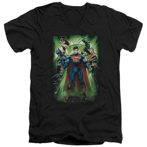 AN OFFCIALLY LICENSED JLA POWER BURST MEN'S V-NECK T-SHIRT BLACK