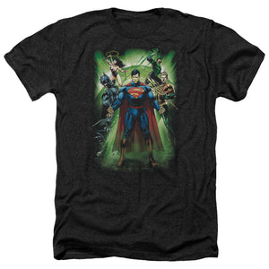 AN OFFCIALLY LICENSED JLA POWER BURST MEN'S HEATHER T-SHIRT CHARCOAL