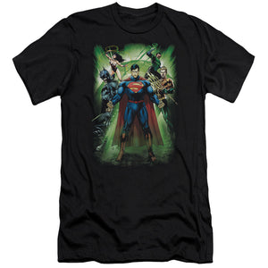 AN OFFCIALLY LICENSED JLA POWER BURST MEN'S PREMIUM SLIM FIT T-SHIRT BLACK
