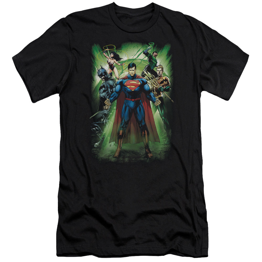 AN OFFCIALLY LICENSED JLA POWER BURST MEN'S PREMIUM SLIM FIT T-SHIRT BLACK