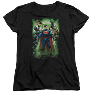 AN OFFCIALLY LICENSED JLA POWER BURST WOMEN'S REGULAR FIT T-SHIRT BLACK