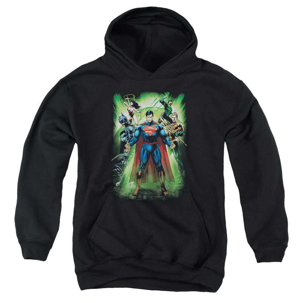 AN OFFCIALLY LICENSED JLA POWER BURST YOUTH HOODIE BLACK