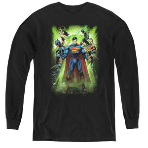 AN OFFCIALLY LICENSED JLA POWER BURST YOUTH LONG SLEEVE T-SHIRT BLACK