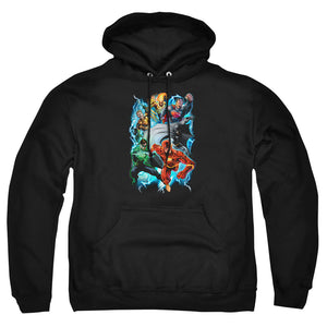 AN OFFCIALLY LICENSED JLA ELECTRIC TEAM ADULT UNISEX PULLOVER HOODIE BLACK