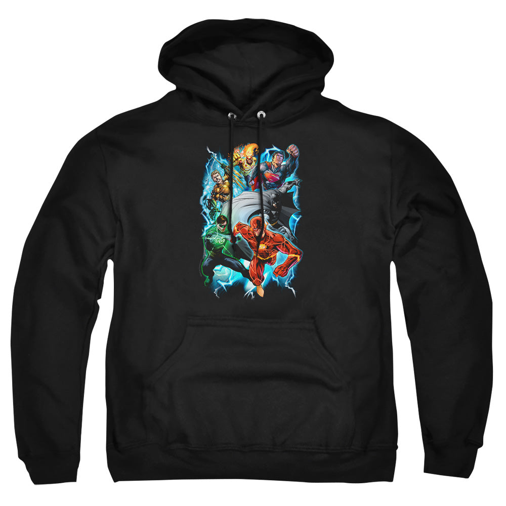 AN OFFCIALLY LICENSED JLA ELECTRIC TEAM ADULT UNISEX PULLOVER HOODIE BLACK