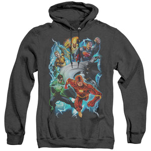 AN OFFCIALLY LICENSED JLA ELECTRIC TEAM ADULT UNISEX HEATHER PULLOVER HOODIE BLACK