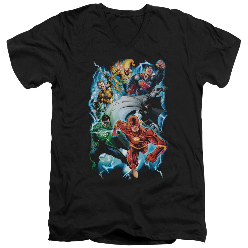 AN OFFCIALLY LICENSED JLA ELECTRIC TEAM MEN'S V-NECK T-SHIRT BLACK