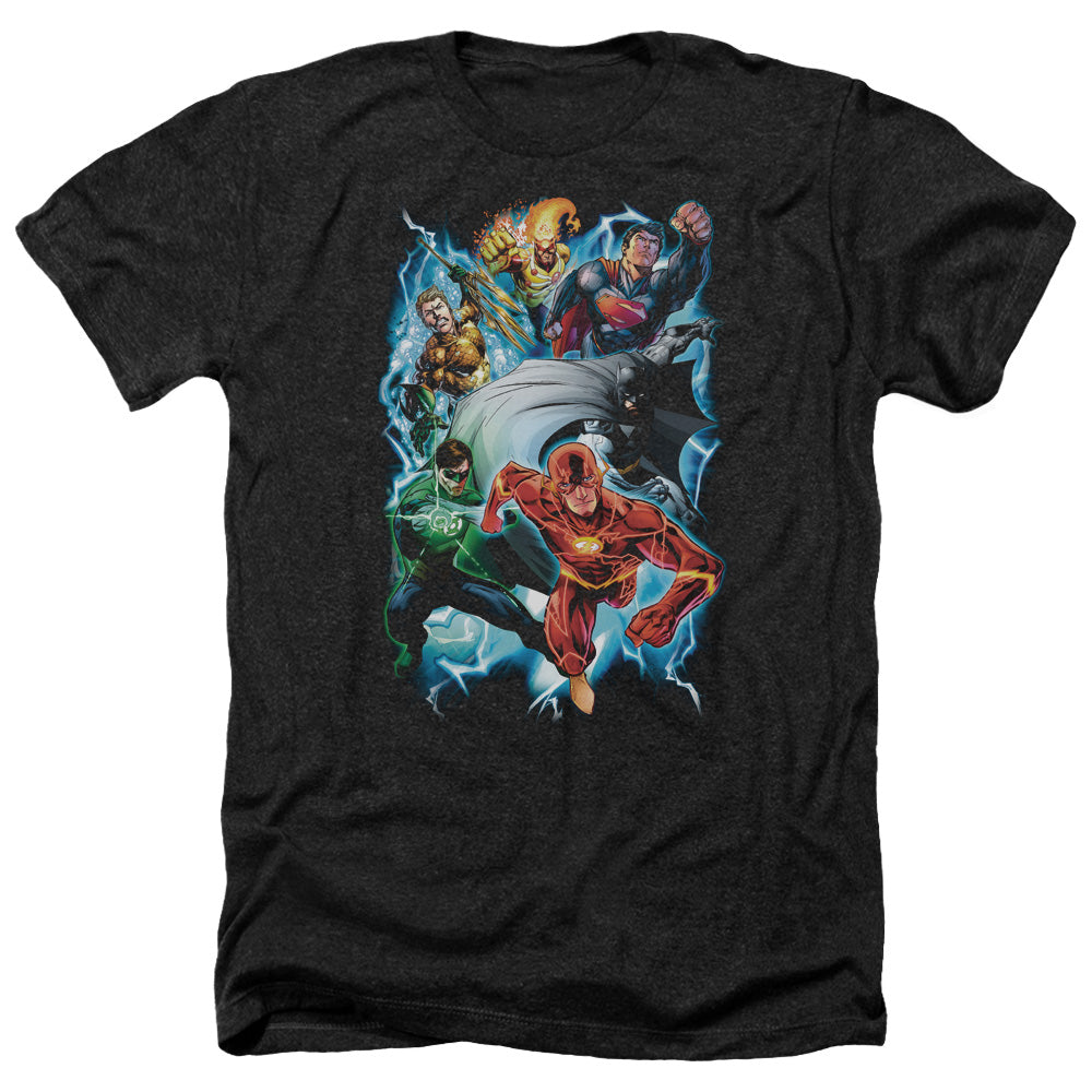 AN OFFCIALLY LICENSED JLA ELECTRIC TEAM MEN'S HEATHER T-SHIRT CHARCOAL