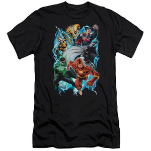AN OFFCIALLY LICENSED JLA ELECTRIC TEAM MEN'S PREMIUM SLIM FIT T-SHIRT BLACK
