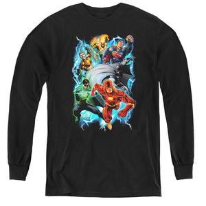 AN OFFCIALLY LICENSED JLA ELECTRIC TEAM YOUTH LONG SLEEVE T-SHIRT BLACK