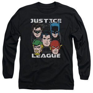 AN OFFCIALLY LICENSED JLA HEAD OF STATES MEN'S LONG SLEEVE T-SHIRT BLACK
