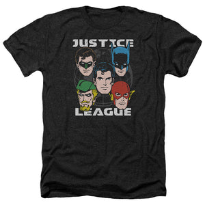 AN OFFCIALLY LICENSED JLA HEAD OF STATES MEN'S HEATHER T-SHIRT CHARCOAL