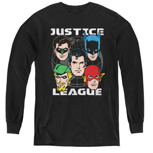 AN OFFCIALLY LICENSED JLA HEAD OF STATES YOUTH LONG SLEEVE T-SHIRT BLACK