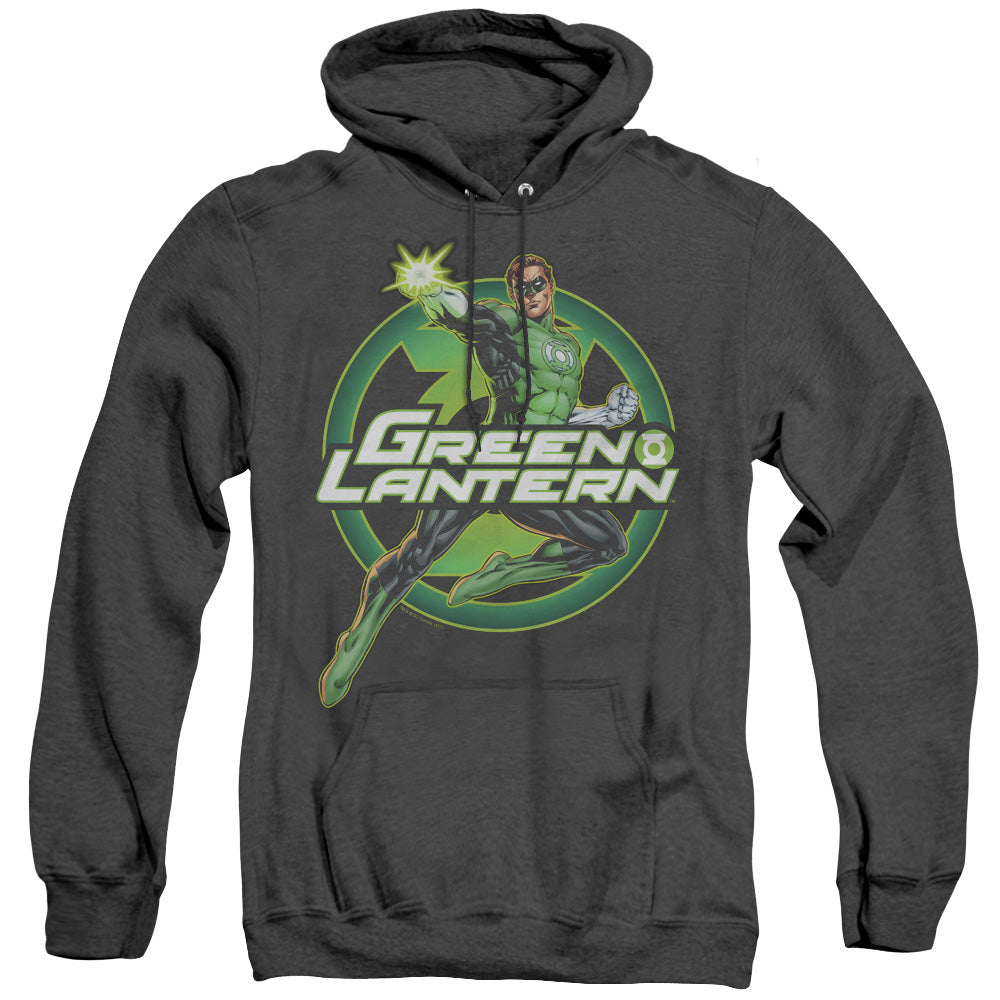 AN OFFCIALLY LICENSED JLA LANTERN GLOW ADULT UNISEX HEATHER PULLOVER HOODIE BLACK