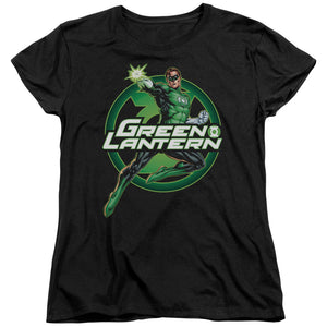AN OFFCIALLY LICENSED JLA LANTERN GLOW WOMEN'S REGULAR FIT T-SHIRT BLACK