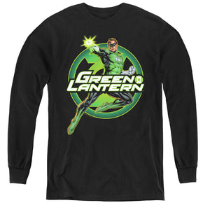 AN OFFCIALLY LICENSED JLA LANTERN GLOW YOUTH LONG SLEEVE T-SHIRT BLACK