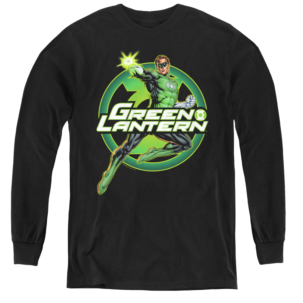 AN OFFCIALLY LICENSED JLA LANTERN GLOW YOUTH LONG SLEEVE T-SHIRT BLACK