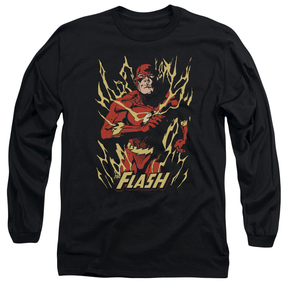 AN OFFCIALLY LICENSED JLA FLASH FLARE MEN'S LONG SLEEVE T-SHIRT BLACK
