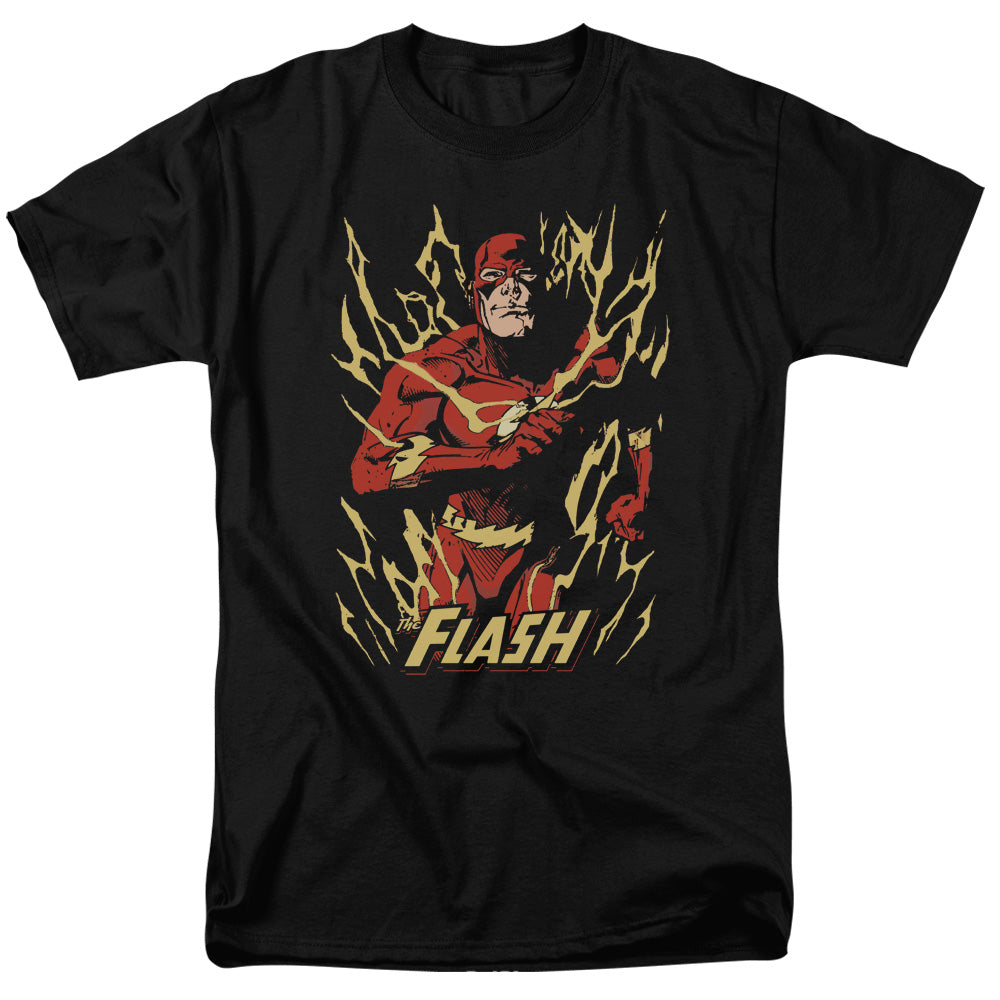 AN OFFCIALLY LICENSED JLA FLASH FLARE MEN'S REGULAR FIT T-SHIRT BLACK