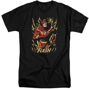 AN OFFCIALLY LICENSED JLA FLASH FLARE MEN'S TALL FIT T-SHIRT BLACK