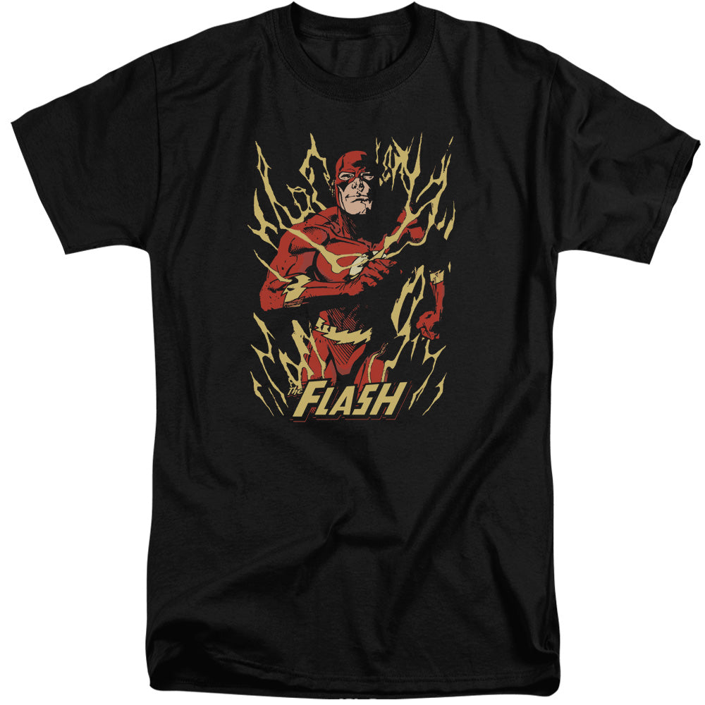 AN OFFCIALLY LICENSED JLA FLASH FLARE MEN'S TALL FIT T-SHIRT BLACK