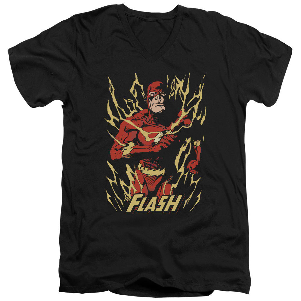AN OFFCIALLY LICENSED JLA FLASH FLARE MEN'S V-NECK T-SHIRT BLACK