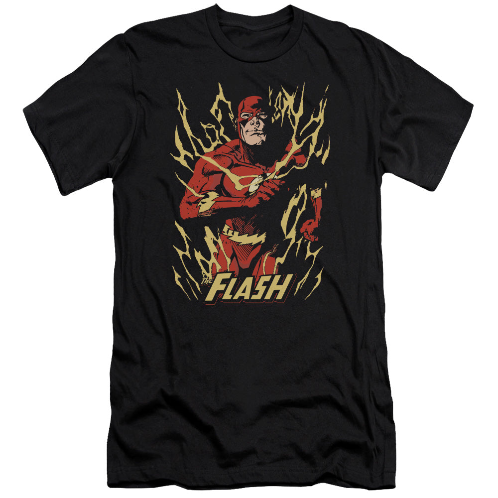 AN OFFCIALLY LICENSED JLA FLASH FLARE MEN'S PREMIUM SLIM FIT T-SHIRT BLACK