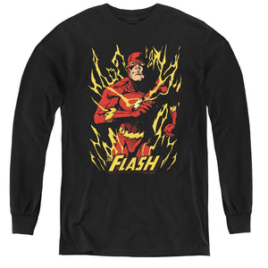 AN OFFCIALLY LICENSED JLA FLASH FLARE YOUTH LONG SLEEVE T-SHIRT BLACK