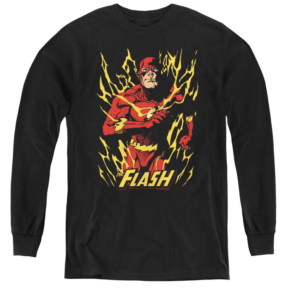 AN OFFCIALLY LICENSED JLA FLASH FLARE YOUTH LONG SLEEVE T-SHIRT BLACK