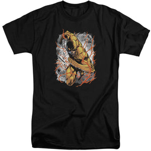 AN OFFCIALLY LICENSED JLA REVERSED MEN'S TALL FIT T-SHIRT BLACK