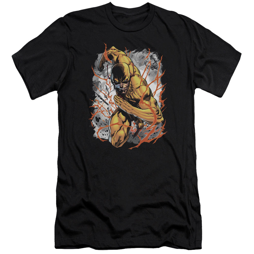 AN OFFCIALLY LICENSED JLA REVERSED MEN'S PREMIUM SLIM FIT T-SHIRT BLACK