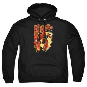 AN OFFCIALLY LICENSED JLA SCARLET SPEEDSTER ADULT UNISEX PULLOVER HOODIE BLACK