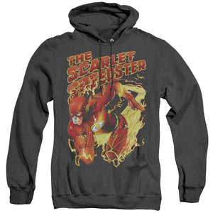 AN OFFCIALLY LICENSED JLA SCARLET SPEEDSTER ADULT UNISEX HEATHER PULLOVER HOODIE BLACK
