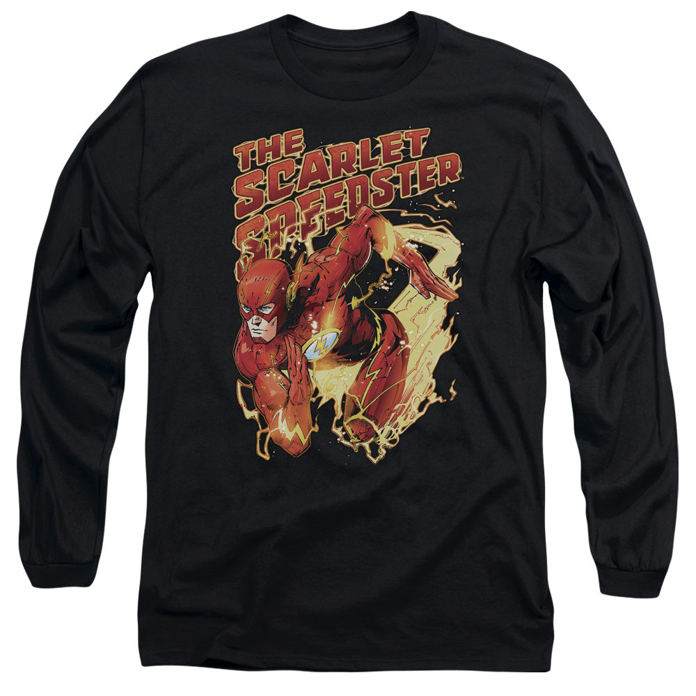 AN OFFCIALLY LICENSED JLA SCARLET SPEEDSTER MEN'S LONG SLEEVE T-SHIRT BLACK