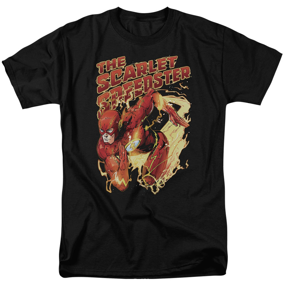 AN OFFCIALLY LICENSED JLA SCARLET SPEEDSTER MEN'S REGULAR FIT T-SHIRT BLACK