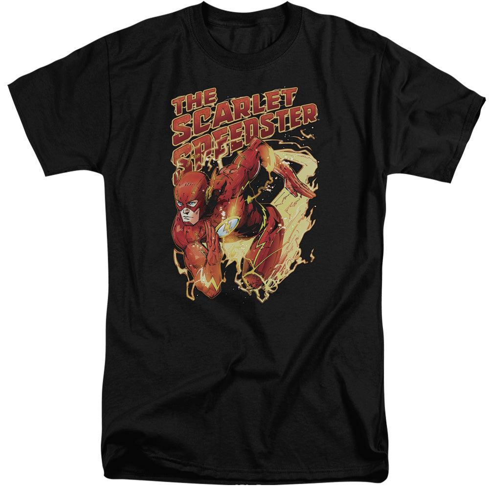 AN OFFCIALLY LICENSED JLA SCARLET SPEEDSTER MEN'S TALL FIT T-SHIRT BLACK