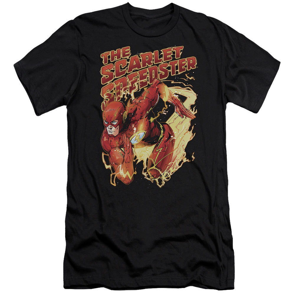 AN OFFCIALLY LICENSED JLA SCARLET SPEEDSTER MEN'S PREMIUM SLIM FIT T-SHIRT BLACK