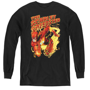 AN OFFCIALLY LICENSED JLA SCARLET SPEEDSTER YOUTH LONG SLEEVE T-SHIRT BLACK