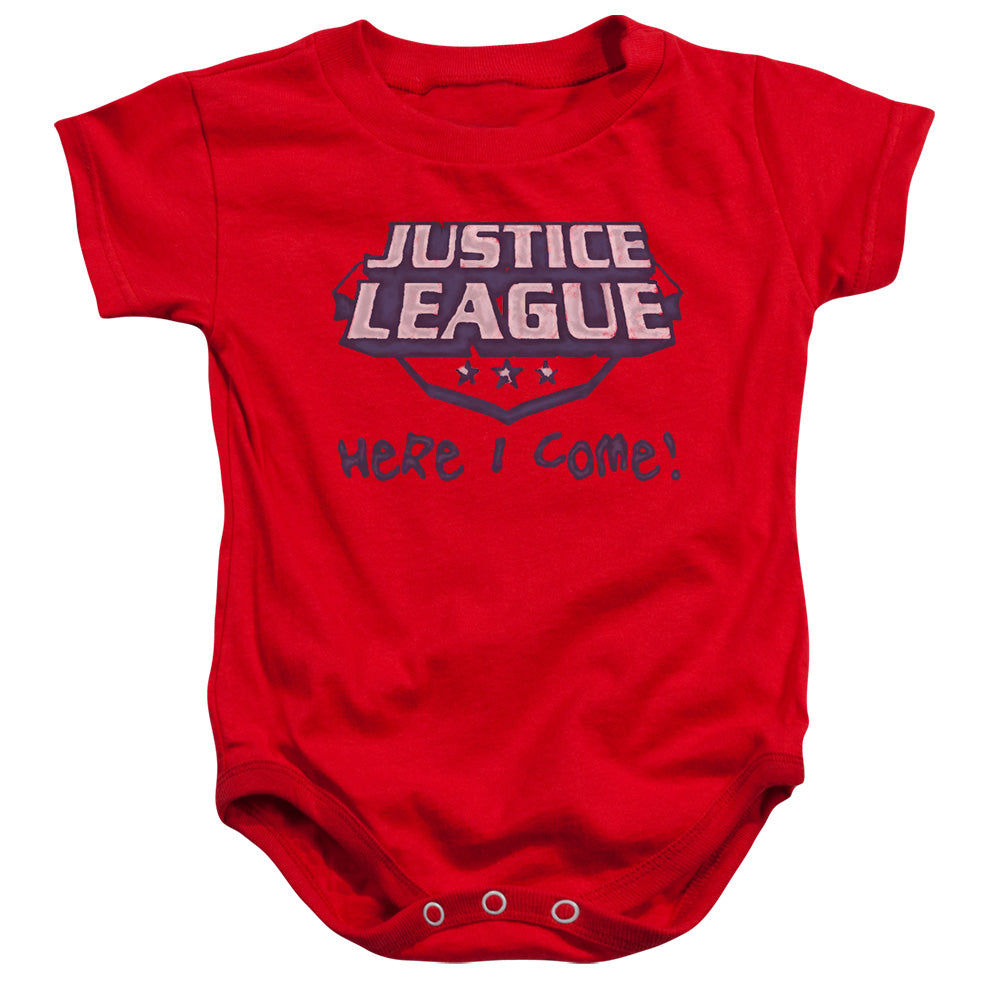 AN OFFCIALLY LICENSED JLA HERE I COME BABY BODYSUIT RED