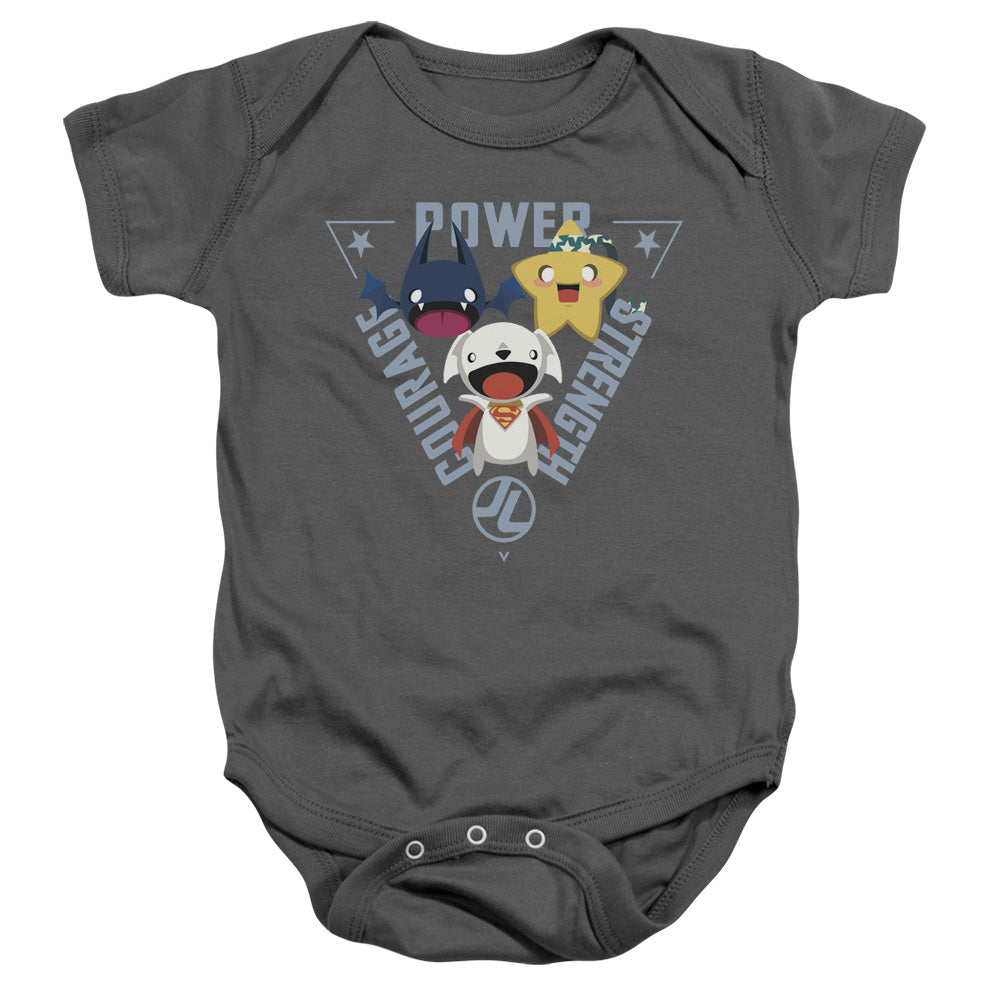 AN OFFCIALLY LICENSED JLA POWER TRIO BABY BODYSUIT CHARCOAL