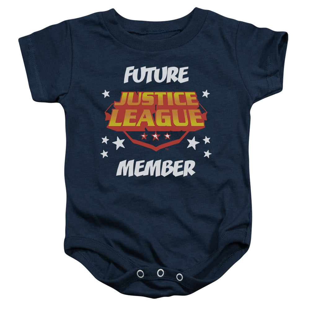 AN OFFCIALLY LICENSED JLA FUTURE MEMBER BABY BODYSUIT NAVY