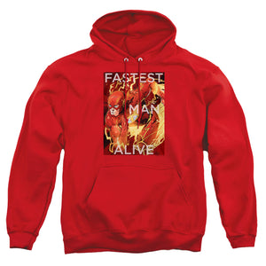 AN OFFCIALLY LICENSED JLA FASTEST MAN ALIVE ADULT UNISEX PULLOVER HOODIE RED