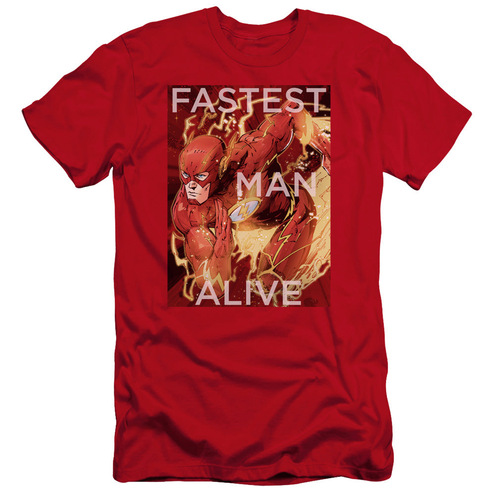AN OFFCIALLY LICENSED JLA FASTEST MAN ALIVE MEN'S PREMIUM SLIM FIT T-SHIRT RED