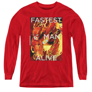 AN OFFCIALLY LICENSED JLA FASTEST MAN ALIVE YOUTH LONG SLEEVE T-SHIRT RED