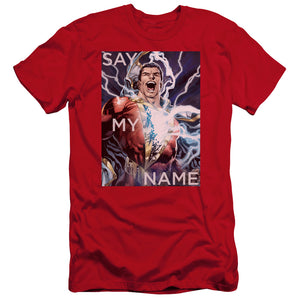 AN OFFCIALLY LICENSED JLA SAY MY NAME MEN'S PREMIUM SLIM FIT T-SHIRT RED