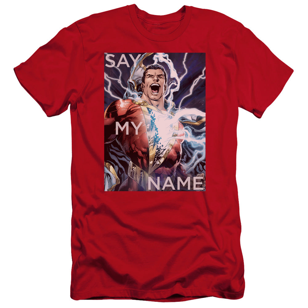 AN OFFCIALLY LICENSED JLA SAY MY NAME MEN'S PREMIUM SLIM FIT T-SHIRT RED