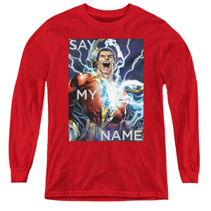 AN OFFCIALLY LICENSED JLA SAY MY NAME YOUTH LONG SLEEVE T-SHIRT RED